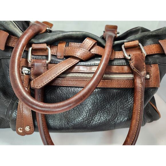 Audrey Brooke Black Pebbled Leather Tote Bag with Brown Accents and Zippered Top - Picture 3 of 12
